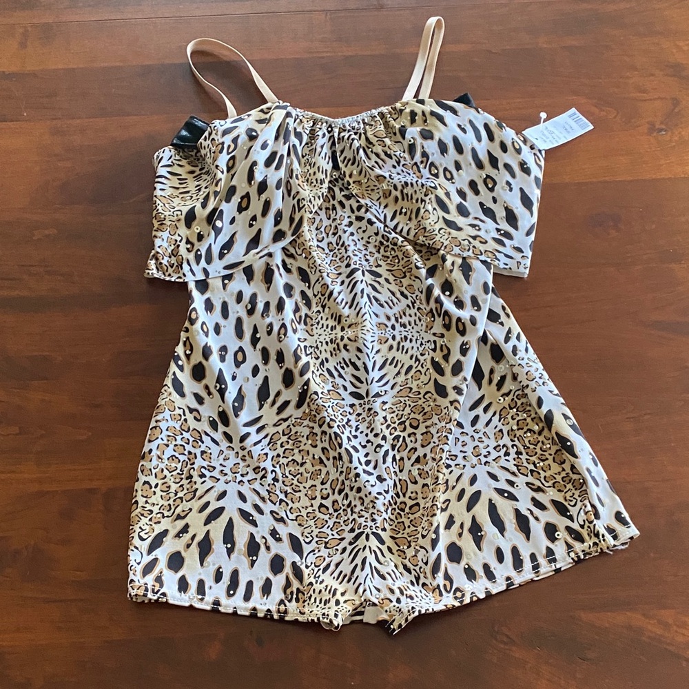 Leopard Print Spaghetti Strap Leotard Shorts Curtain Call Dance NWT Adult M